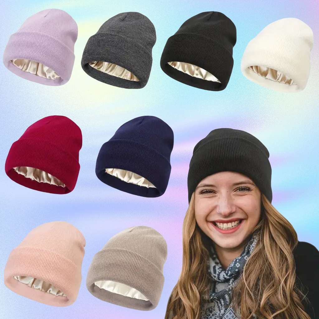 Beanie Cuffed Knit - Unisex-Mütze mit Satin-Futter, antistatisch, für Damen,
